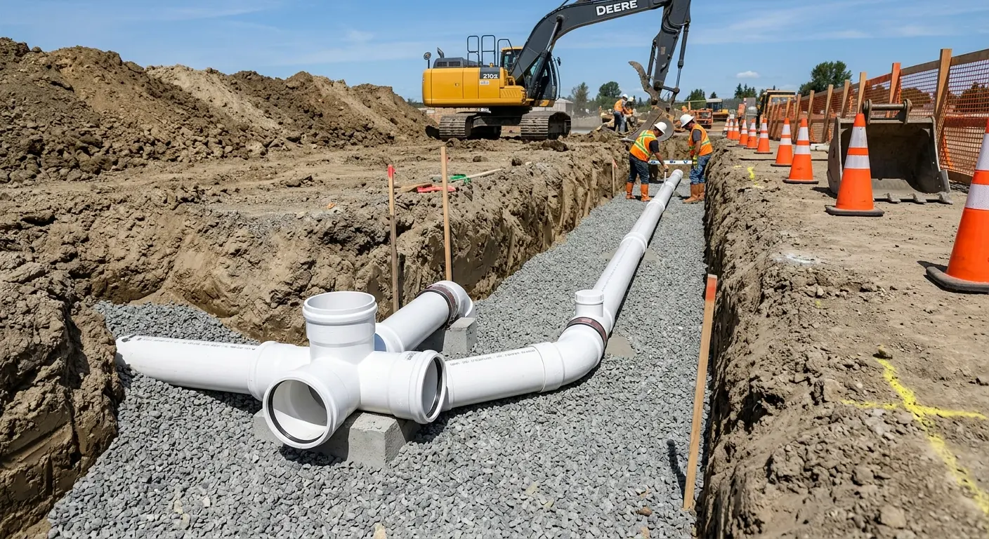 New PVC sewer pipe installation in open trench for Commercial Drain Cleaning in Clarksdale