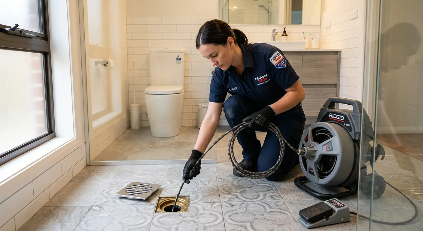 Technician clearing a bathroom floor drain for Hydro Jetting in Clarksdale